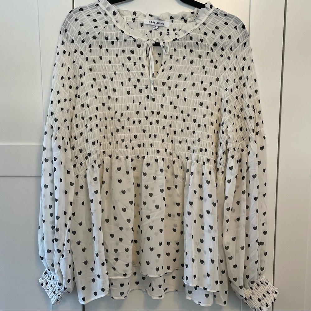 White Heart Print Smocked Peasant Blouse